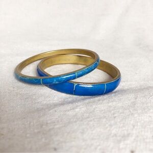 Vintage brass bangle bracelets with blue